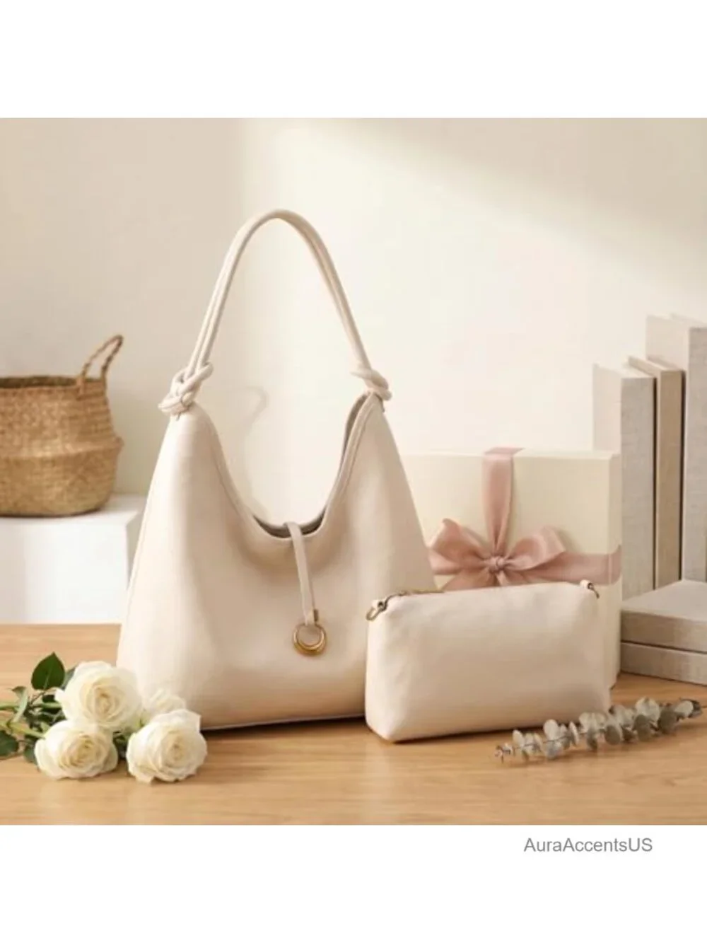 2-in-1 Hobo Tote Set with Removable Pouch Vegan PU Leather Shoulder Crossbody